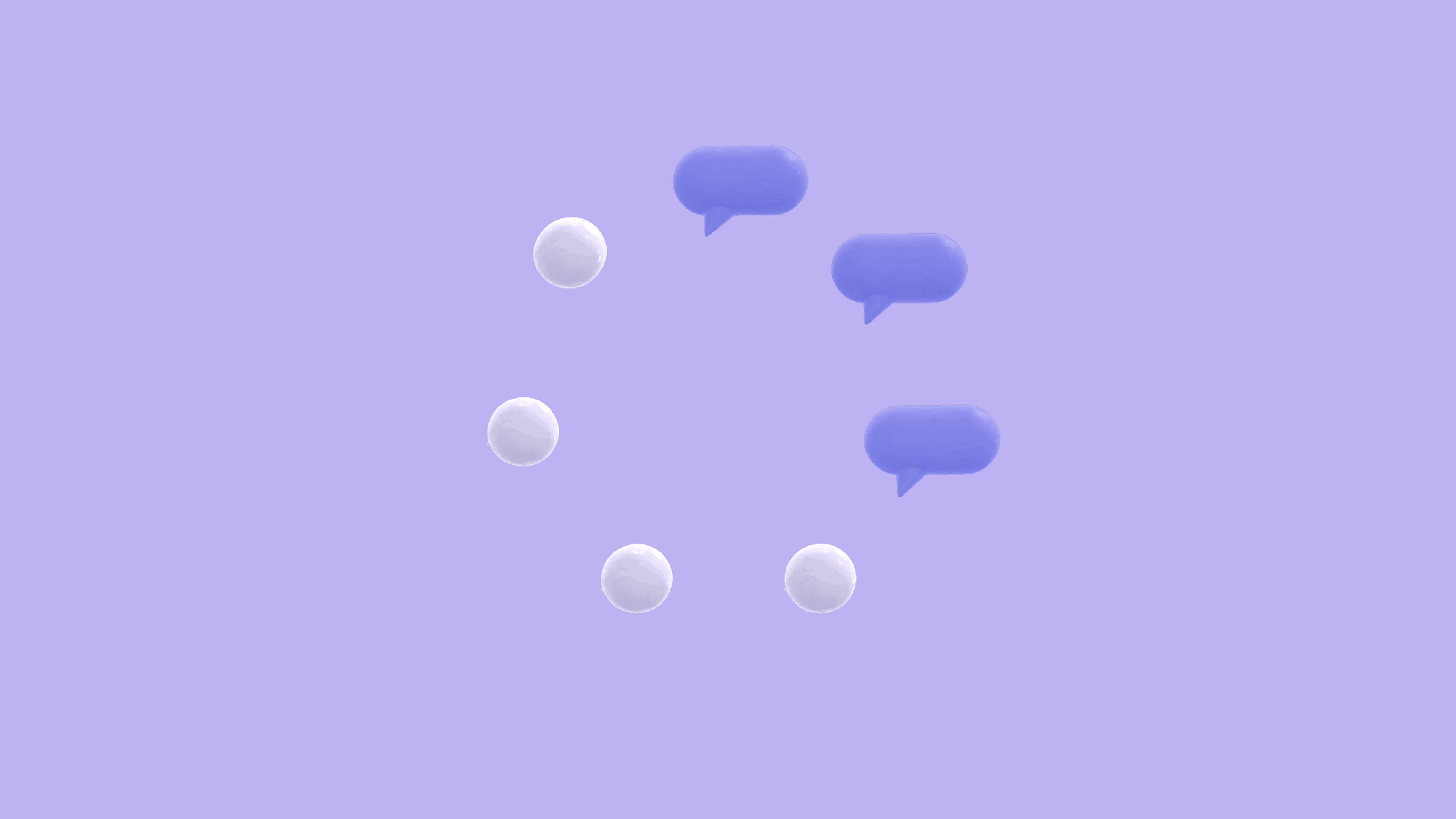In this motion animation seven white 3D balls are set in a circle against a lilac background; at any one time, two, three or four of them are gently knocking into one another, and being turned into darker purple speech bubbles as they go around the circle, before bouncing back into white balls. This motion continues around and around. The idea is that cells, when touched, become speech bubbles, in a nod to the transnational chat about coronavirus that this header image illustrates.