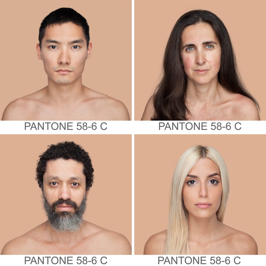 Collage of photographic portraits of four people of different ethnicities. The background is a sample of 11 x 11 pixels taken from the nose of the subject and matched with the industrial pallet Pantone®. They all have the same pantone color, which is written out as PANTONE 58-6 C.