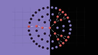 The illustration is split in two, with a purple background to the left against a faint pencil line grid, and a black background to the right. In the centre of this split are three circles within circles of round balls, mainly black if against the purple background, or vice versa. From the central ball in the middle of the three circles, a red ball with arrows leads off into three directions, making those balls red, and on. If one ball which is red touches one to its left or right, that turns red too. 
