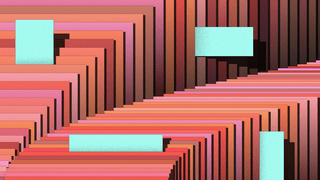 Graphic; Illustration of an abstract stack of papers in different shades of orange, brown and pink that are aligned in the shape of an arch with small aqua blue notes that stick out
