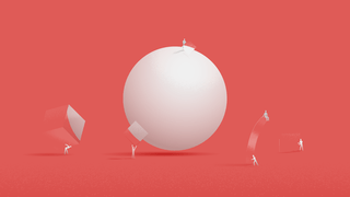 Illustration of a white sphere over a red background. Around it, little human-like figures are busy transporting objects of different shapes and sizes.