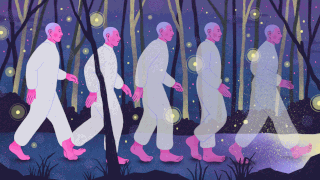 Graphic illustration of a person with hot pink skin dressed in white walking from the left to the right of the drawing in 5 iterations, gradually fading as it goes, against a dark blue, pale yellow and purple forest and grass landscape. All around these five ever fading figures, there are yellow circular lights flashing within a paler yellow light circle, within a circle, and they make the image glow