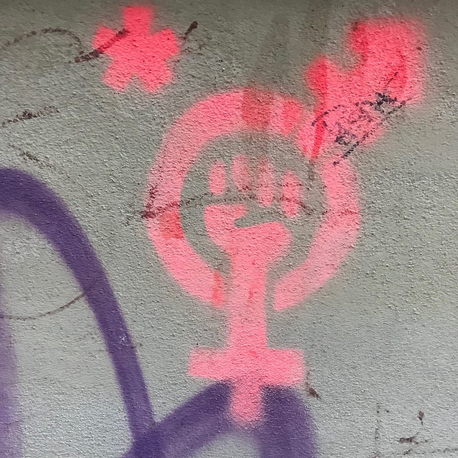 A pink stencil of a fight raised combined with a transgender symbol.
