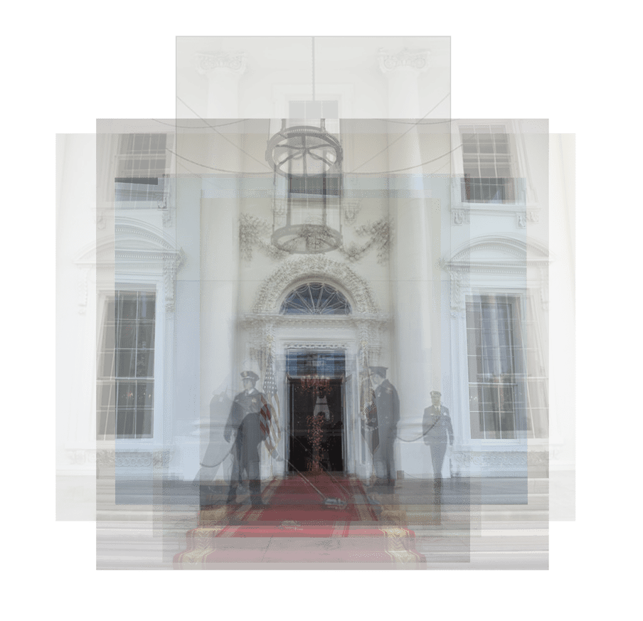 Multiple transparent images of the White House entrance, seen from the front, are layered on top of each other. On all the edges the quantity of images is visible. Together they show a blurred image of the entrance. Vaguely you can see guards and a cleaner around the entrance.