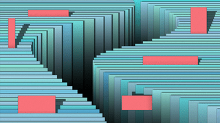 Graphic; Illustration of an abstract stack of papers in different shades of blue and greyish puple that are aligned in a wavy line with small red notes that stick out
