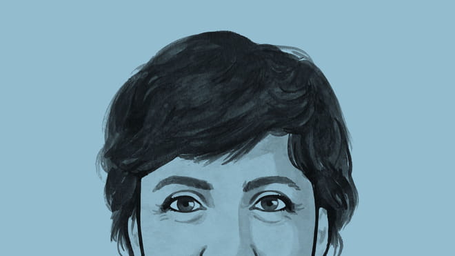 Illustrated avatar of a young woman, cut off from the nose down - on a blue background.