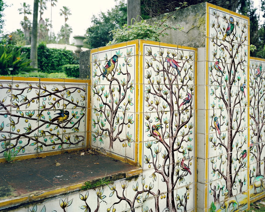 Photo of decorative tiles around a bench in a botanical garden