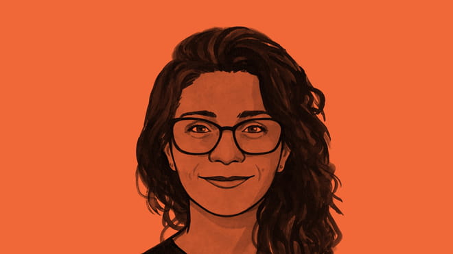 Bright neon orange background filtered through a black and white illustration of a face smiling to camera with glasses and long black hair pushed to one side