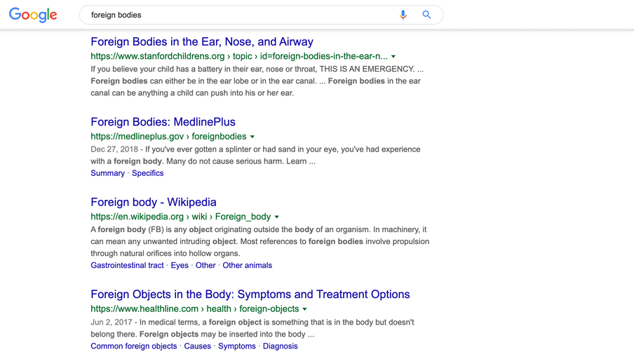 Google’s top results for "foreign bodies"