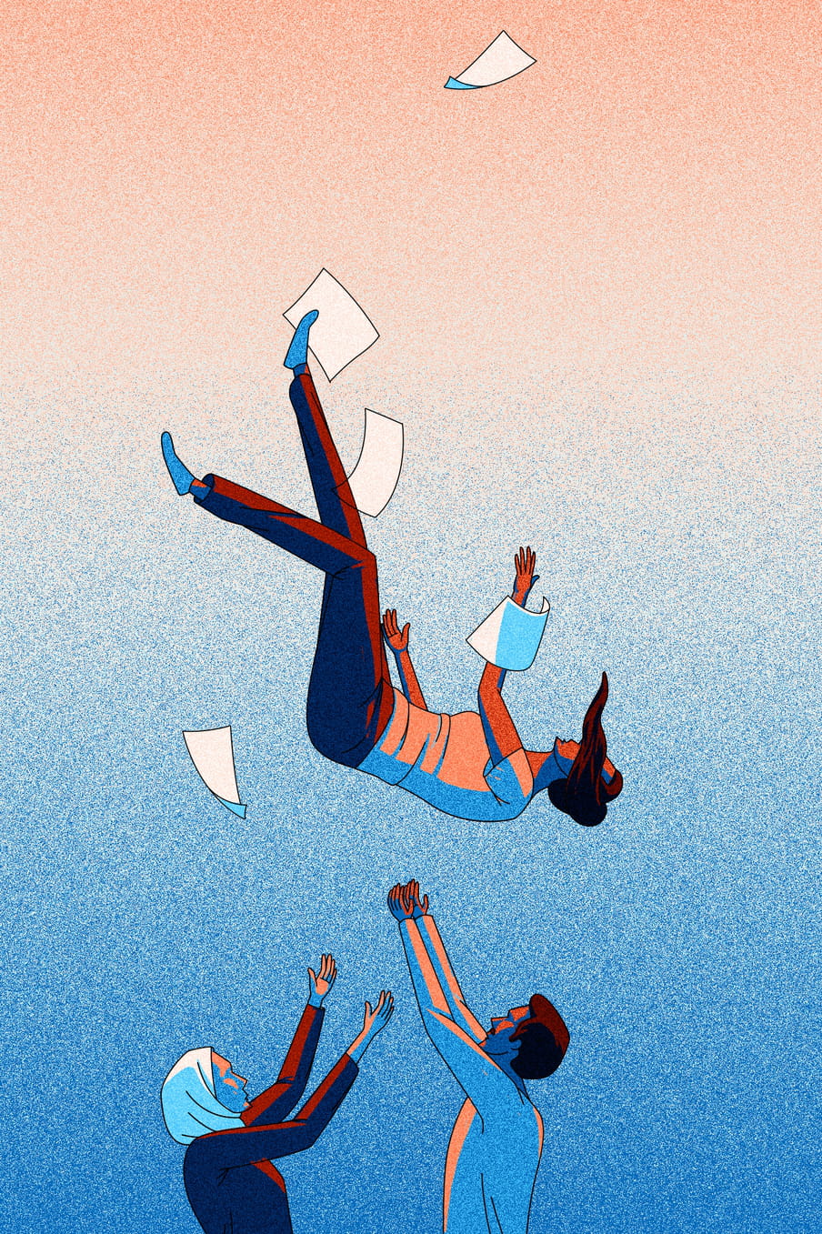 Illustration of a woman falling from the sky, surrounding by paper. Four people underneath her have their hands up, either catching them or trowing her back up. The top of the background is orange with a gradient into blue at the bottom. 