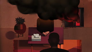 Illustration, in deep reds and oranges, of a therapist's office with black smoke coming in through the window, blocking the head of the therapist. The figure sits at a purple table, with the back of a head in silhouette facing them. There is an orange rug under the table, which in this illustration looks like it is facing forward