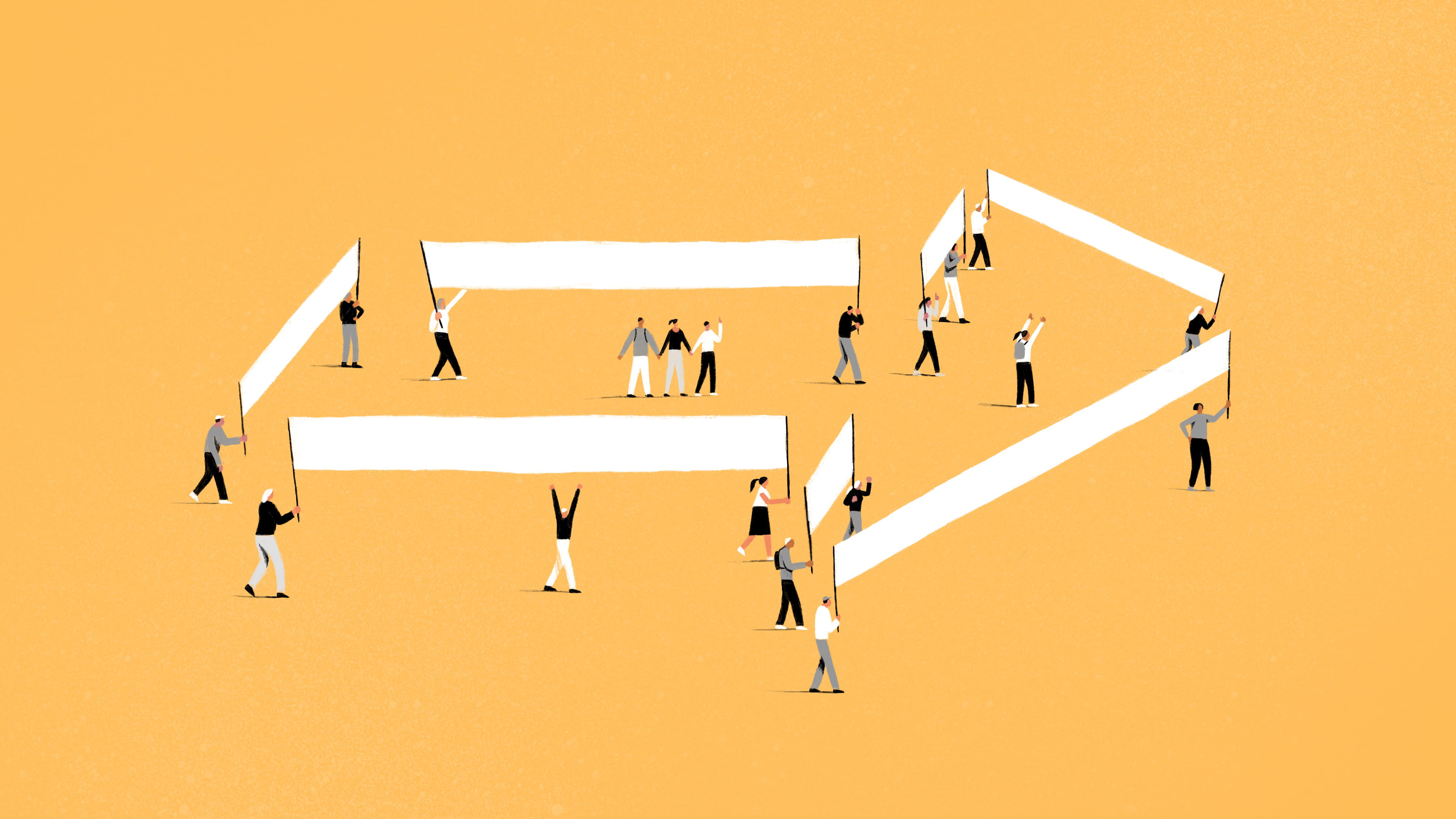Illustration of people holding banners, together making the shape of an arrow - on a yellow background