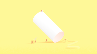 Illustration of a white cylinder over a bright yellow background. Around it, little human-like figures are busy transporting objects of different shapes and sizes.