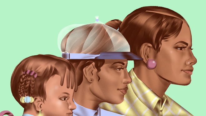 Illustration depicting three side profiles of women going from small to big, looking towards the right sight of the frame against a green background. The child wears small braids with colourful yellow and blue pastel beads. The head in the middle is wearing a see-through cap and blue buttoned-up shirt. The largest head has a pink earring and wears yellow and white stripy shirt.  