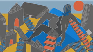 Orange, blue and yellow illustration of a pregnant figure in grey sitting on the ground, arms behind her, surrounded by shapes of grey books, some standing, with doorways running through them, and staircases running down into other books, some fallen.