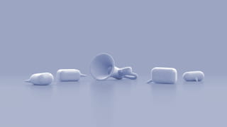 3D animation of a loudspeaker - made of either white foam or concrete to the eye - lying on the floor, with two 3D speech bubbles both lying and standing on the floor on either side of it. The filter of the image is a light lilac, the objects a faded white
