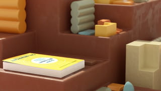 What looks like a brown foam-looking staircase with inlaid margins, upon which rest pastel yellow, blue, orange and white foam-looking arcs or shapes in 3D shapes. The light on this scene casts a shadow on the different depths. On the lowest level is a white book by 'Call Newport' called 'Digital Minimalism'. 