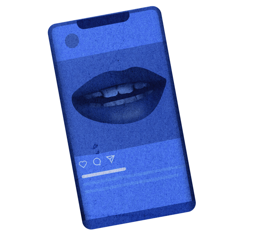 Illustration of a phone showing an instagram post with a picture of a mouth speaking.