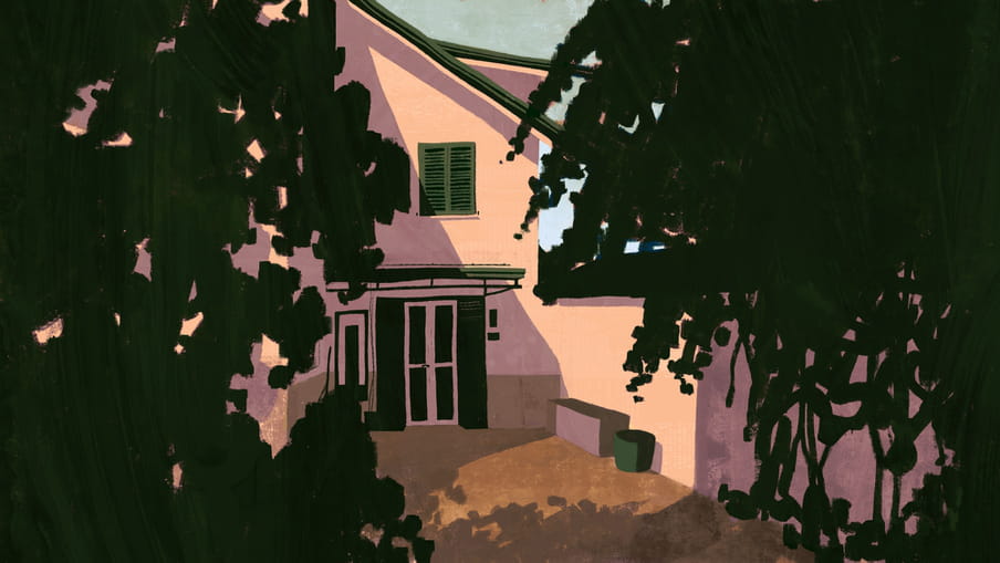 Illustration in pink, peachy and green tones of a house.