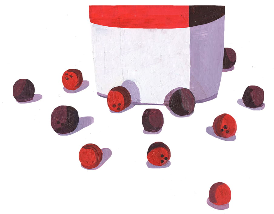 Illustration of red bowling balls randomly spread on a surface 