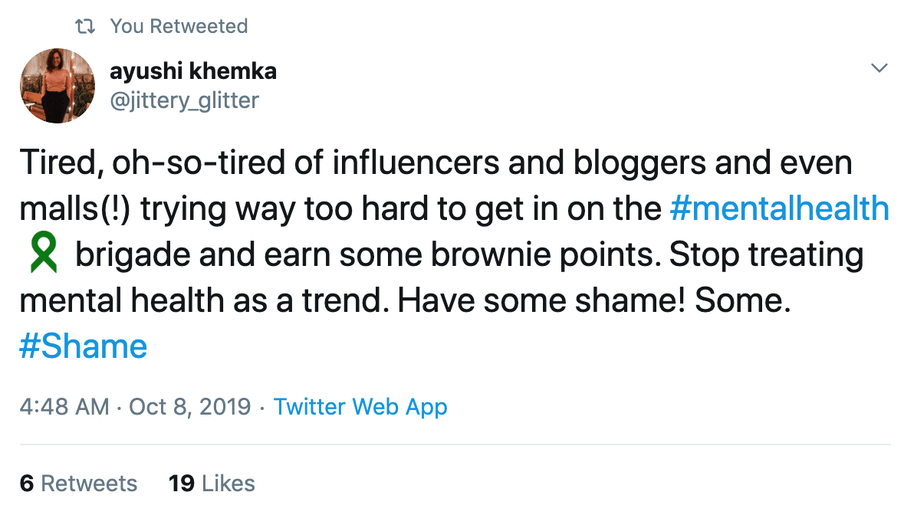 This is a screenshot of a tweet from an Indian Twitter user bemoaning the trend of so-called influencers jumping into mental health conversations for virtue signalling.