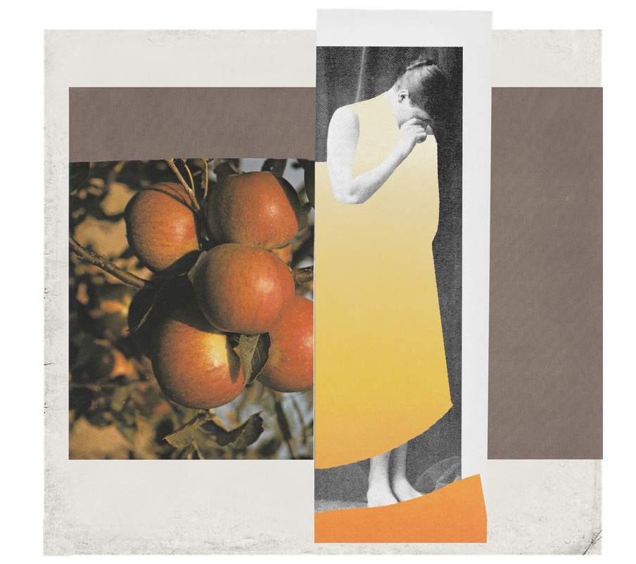 Collage of three pictures: to the left, a matt looking photo of five apples on a tree; the middle strip is longer, a black and white picture of a woman apparently crying, finger to eye, with a long yellow shape pasted over her as if it were a dress, and a short orange strip covering her toes at the bottom of the image. To the right, you see a thin long brown rectangle.