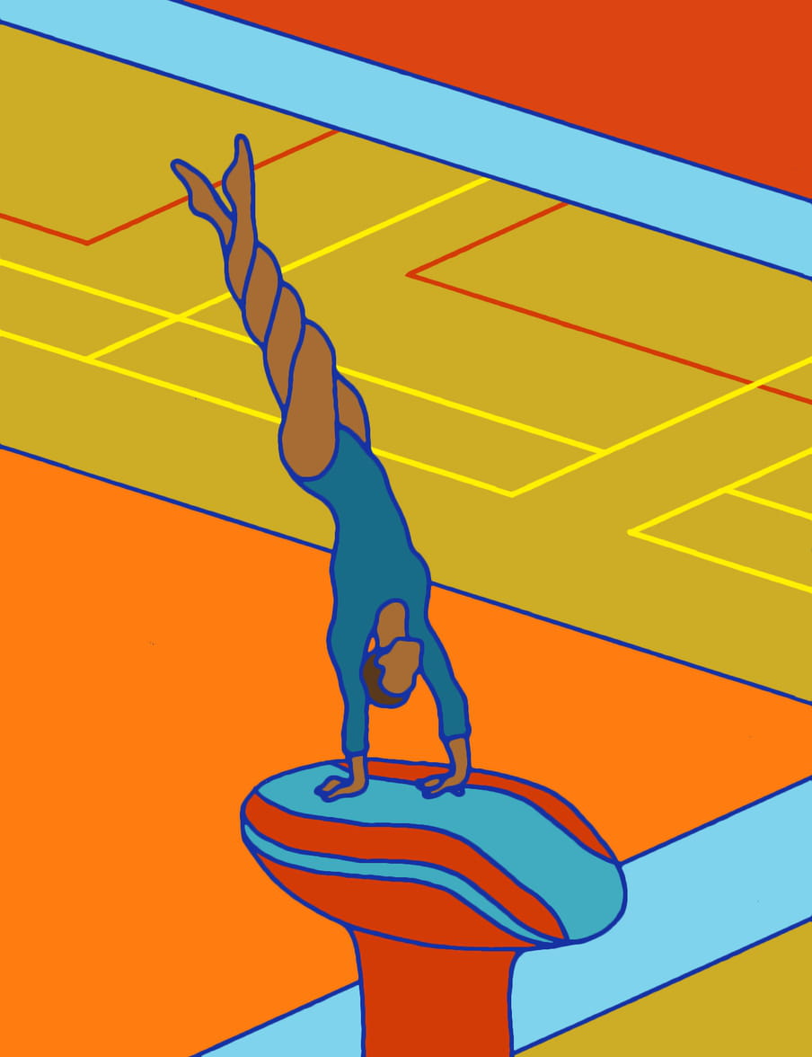 Illustration of a figure in a blue long armed leotard in a handstand on a red and blue stool, their legs twisted up and above them in four twists, like a swirl. Background has orange, blue, red, yellow and mustard boxes, lines, and gymnastics indoor court markings