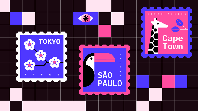 Three illustrated stamps saying Tokyo (with four white flowers), Sao Paolo (with a black and pink pelican) and Cape Town (with a black and white giraffe and purples leaves). These lie against a background image of black squares, representing pixels, with two small purple squares at the top, and in ne of them, the shape of an eye with a virus blob shaped pupil