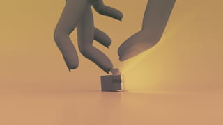 Yellow background, 3D illustration of a hand in shadows coming down from above to open a small flashlight which streams open yellow light and lays on its side