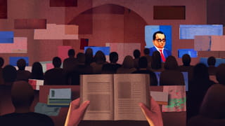 Illustration with in the front and center two hands holding a book, with behind it people sitting together looking at a stage. On the stage a poster is hanging on the wall of a man with glasses in a blue suit.