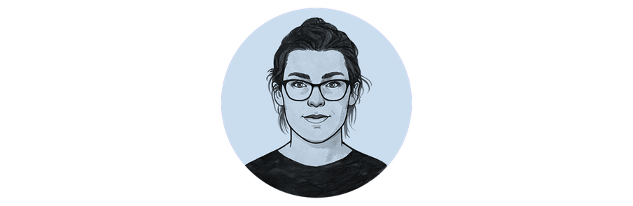 Hand drawn illustration of a woman wearing glasses, who’s name is Imogen.