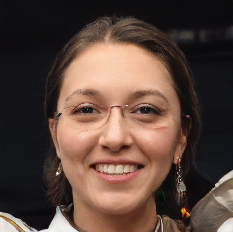 AI-generated portrait of a young woman with glasses. She is wearing two different earrings, and half a pair of glasses.