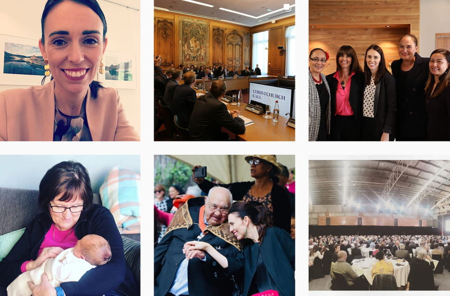 Screenshot of Jacindas instagram feed, showing a selfie of herself, her in parliament, her baby and her at a dinner.