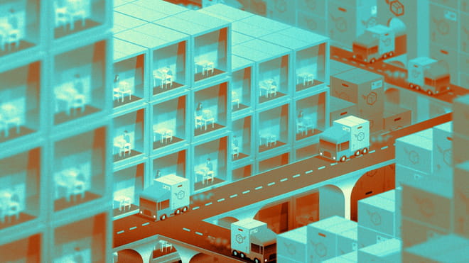 Illustration of a city landscape viewed from above. People inside their apartments can be seen from their window, meanwhile tracks transporting packages are circulating in the streets