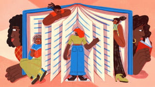 Illustration of an open book propped up with pages acting as dividers, and different figures standing in them, from left to right: climbing out of a page, up top climbing out of a page, in the middle standing facing the page, to the right peering out from the page. They are colourful characters in limes, blues and oranges. On either side of the open book are two side profiles of faces with long wavy hair or earrings and lipstick, with big hands peeping out or holding a book 