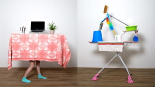Two pictures next to each other: in the left one two human legs are carrying a table with a laptop, a plant and a coffee machine with a red table cloth. In the right one is an ironing table with households on top of it (brush, dust cleaner and bowls)