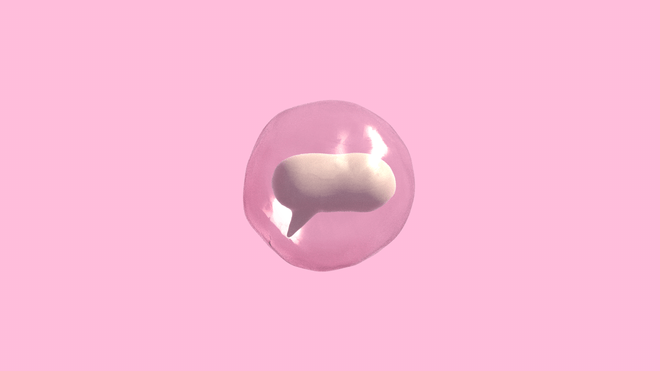 Illustratin of a white 3D speech bubble inside of a glass-like bubble against a pink background. Light reflects on the glass.