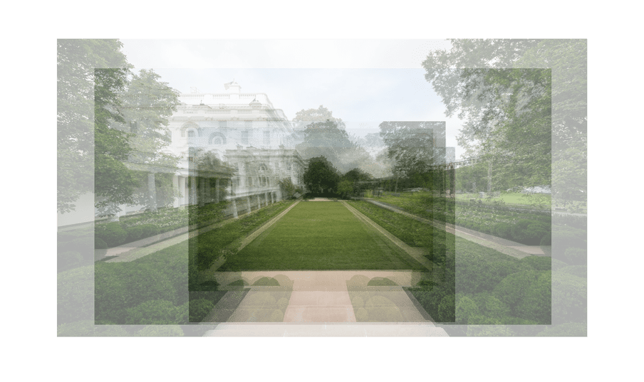 Multiple transparent images of the White House’s garden, are layered on top of each other. On all the edges the quantity of images is visible. Together they show a blurred image of grass lawn surrounded by small bushes and the White House on the left side. 
