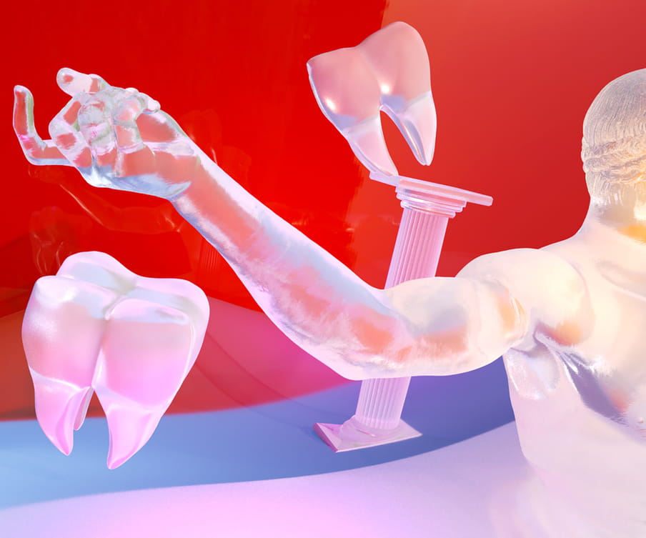 Against a red background and seemingly floating floor in blue and white stripes, we see four floating translucent white objects at different angles: two tooths, a plinth, and an arm outstretched with the side of a head and nude body in view. These objects all look to be made out of glass 