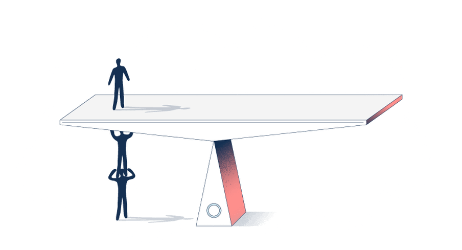 Illustration of a human-like figure standing on top of a scale, while two human-like figures hold him up so the the scale is perfectly balanced.