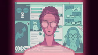 Illustration of a woman sitting in front of her computerscreen, frowning at the advertisements of glasses she's suddenly confronted with since she decided to buy a new pair. 