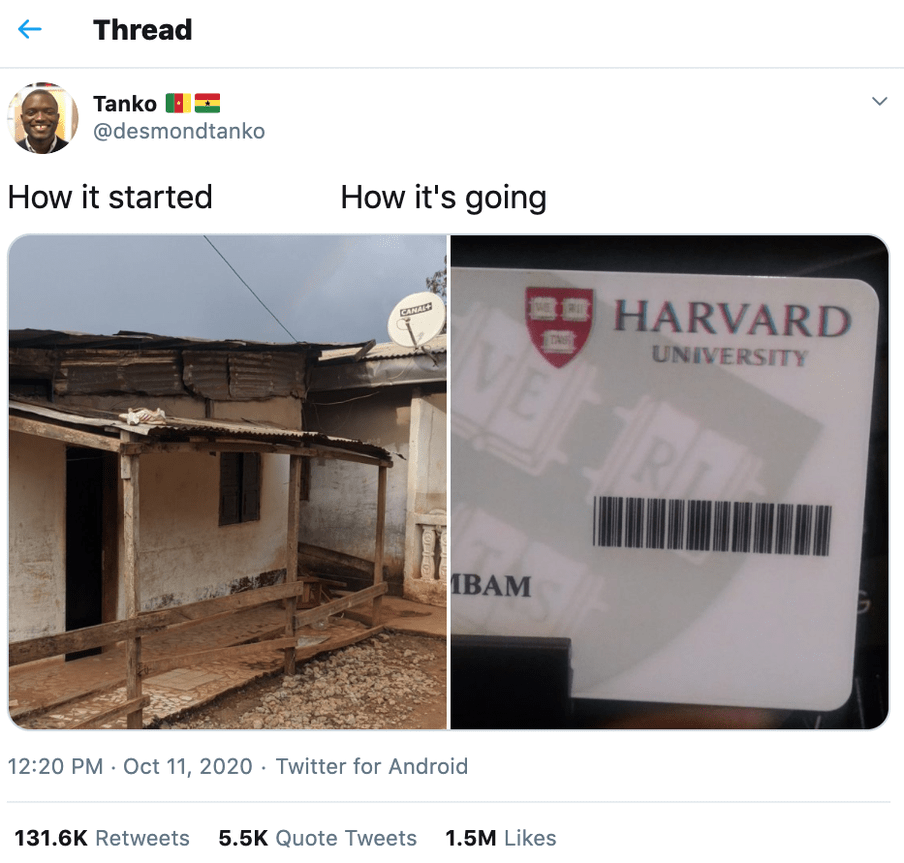 A tweet from Desmond Jumbam with two pictures: to the left is the modest house in the Cameroonian village where he lived before moving to the capital Yaounde, and to the right his ID card issued by Harvard.