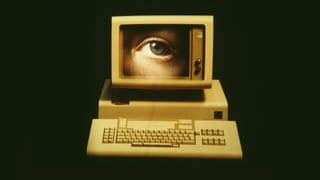 Picture of a computer monitor showing a close up of a human eye.