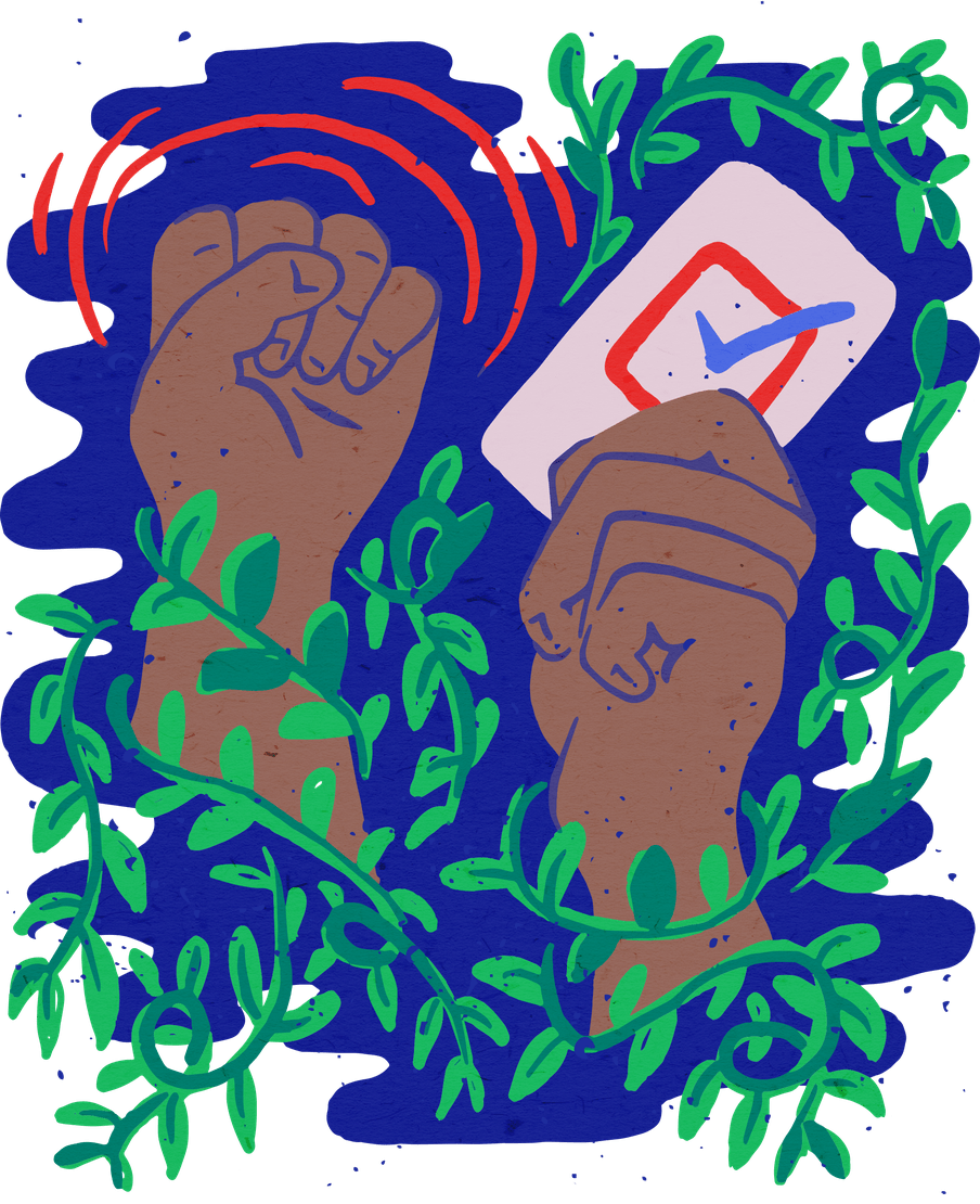 Illustration of two hands symbolising action and protest