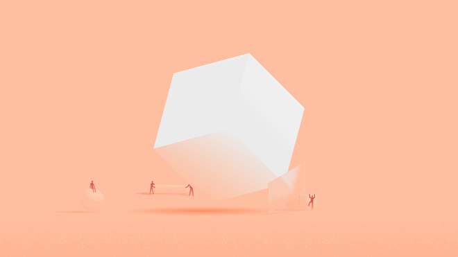 Illustration of a white cube over a peach-coloured background. Around it, little human-like figures are busy transporting objects of different shapes and sizes.