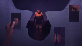 An abstract illustration in dark purples. In the centre is a man standing in a pool of dark water, head bowed. The shape around him is an upside down head. To his left is a hand holding a card with a face on it, and on the right an eye, and feet in a bathtub.