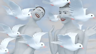Illustration of 8-9 white birds with pink beaks flying with wings raised in the same direction past two mannequin style figures with shaved heads, translucent skin, but laughing and with arms raised, in red lipstick