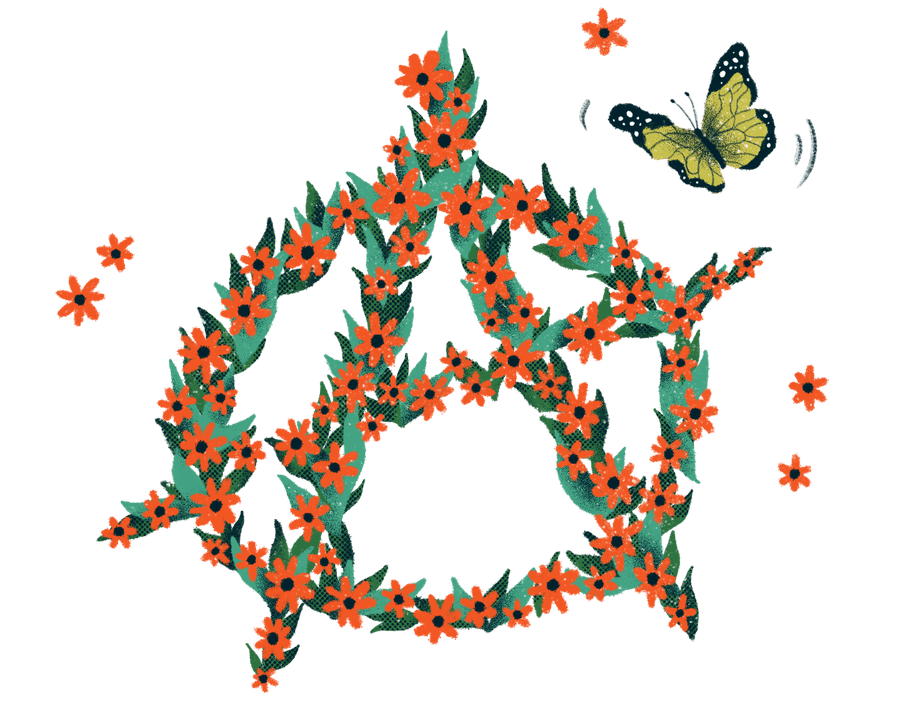 Illustration with the symbol of anarchy done with red flowers and a butterfly 