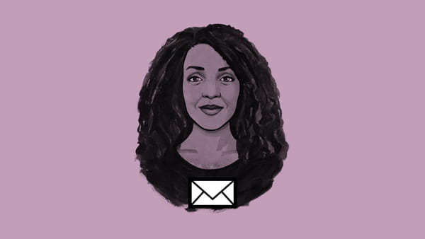 Drawing of a woman with long curly hair on a maroon background.
