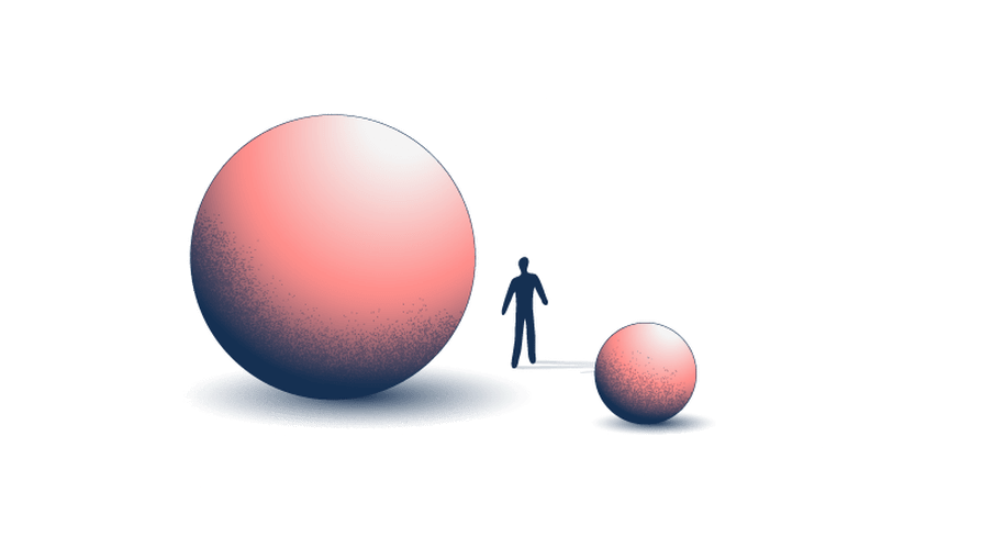 Illustration of a small and a big pink ball with a human-like figure in the middle.